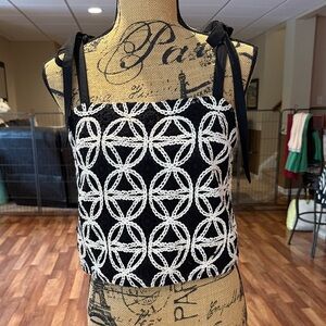 Express size small black and white designed crochet like top with tie straps